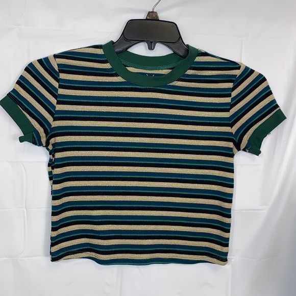 PacSun Basic top striped cropped green black and gold Shimmer size Small - Picture 14 of 16